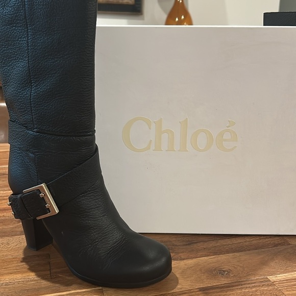 Chloe Black Heeled Boots with Gold Buckle and Chunky Heel - Picture 15 of 15